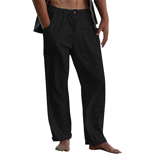 Uusollecy Heren Linnenbroek, Lichte Zomerbroek, Lang met Trekkoord, Heren Zomer Linnenbroek, Vrijetijdsbroek met Zakken voor Mannen, Kaki, 32W / 32L