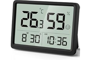 DOOMAY Termometro Digitale Igrometro per Interni: Piccolo e preciso misuratore di temperatura e umidità con grandi cifre LCD e ora data, igrometro ambientale calibrabile per la casa Garage (Nero)