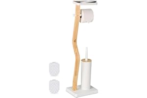 Relaxdays Escobillero y Portarrollos para Baño, 80,5x23x18 cm, Bambú, Vertical, Escobilla con Soporte, Blanco/Natural, Plástico, Hierro