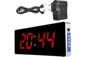 FOCKET Zegar cyfrowy LED, rama ze stopu aluminium, zasilany sieciowo, kalendarz, zegar, zegary ścienne, duża czerwona cyfra, zegar stołowy do pokoju, kuchni, biura (wtyczka EU) (wys. + M)