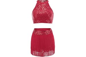 Valcatch Women's Belly Dance Costume Girls Gymnastics Ballet Latin Dancewear Sleeveless Sequins Crop Top + Glitter Fringe Skirt 2 Piece Outfits