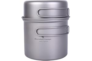 iBasingo Titanium Pot Pan Set Lightweight Camping Cookware Outdoor Kitchen Bowl Dish Set Portable Cooking Kit with Folding Handle Travel Tableware Mess Kit for 1-2 People 2 pcs/set