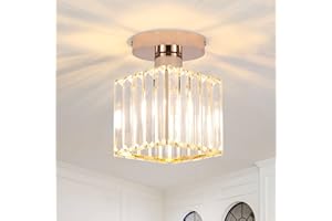 MRHYSWD Modern Crystal Ceiling Lights Living Room Bedroom Hall Kitchen,1-Light Gold Ceiling Lamp Crystal Chandeliers Ceiling Light Fitting, Mini Semi Flush Mount Ceiling Lighting with Square Shade