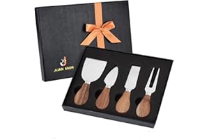 JLIAN MIOR Exquisito juego de cuchillos de queso de 4 piezas, colección completa de cuchillos de queso de acero inoxidable (mango de madera de acacia), listo para regalo (Juego de 4 piezas Regalo B)