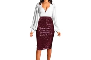 MANMANING Womens Skirts Elasticated Waist Fashion Solid Slim High Waist Push up Hip Pencil Zipper Sequin Ladies Summer Knee Length Pencil Skirt Dress