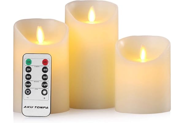 Bougies à LED Lot de 3 bougies LED sans flamme à piles en cire véritable avec mèche mobile et télécommande - Minuterie de 24 heures (P x H : 8,3 x 10/12,7/15,2 cm)
