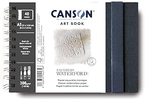 CANSON Professional Art Book, Fine Grain Watercolour Saunders Waterford Paper, 300gsm, A5 Spiral Landscape Notebook, 20 White Sheets, Ideal for Professional Artists & Students