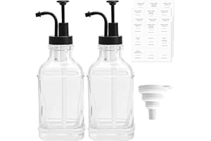 LoQuick Set di 2 Erogatori Sciroppo di Caffè con 36 Etichette,Bottiglie Sciroppo Vetro 500ml, Erogatore a Pompa per Bar,Distributore Bottiglie con Imbuto,per Accessori da Bar Caramello da Cucina