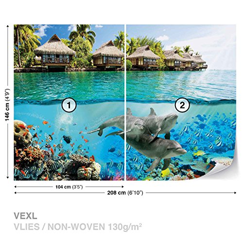 Insel Paradies Ozean Delfine Fische- Forwall – Fototapete – Tapete – Fotomural – Mural Wandbild – (3193WM) – XL – 208cm x 146cm – VLIES (EasyInstall) – 2 Pieces - 2