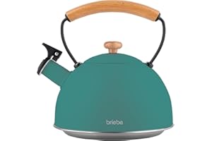 briebe Nordic Bollitore Induzione a Fischio 2,3 L, Acciaio Inossidabile, Tutti Fornelli: Vetroceramica, Gas, Elettrico, Manico in Legno Cool Touch, per Tè, Caffè, Tea Pot, Verde