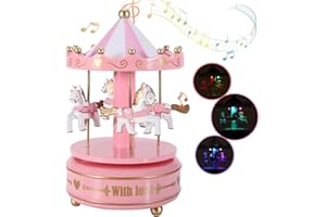 AIDIER Luminous Musical Carousel Horse Music Box with LED lights Wind up 4-Horse Rotating Musical Figurine Vintage Dream Merry-Go-Round Gifts Xmas Carousel Ornament Decoration