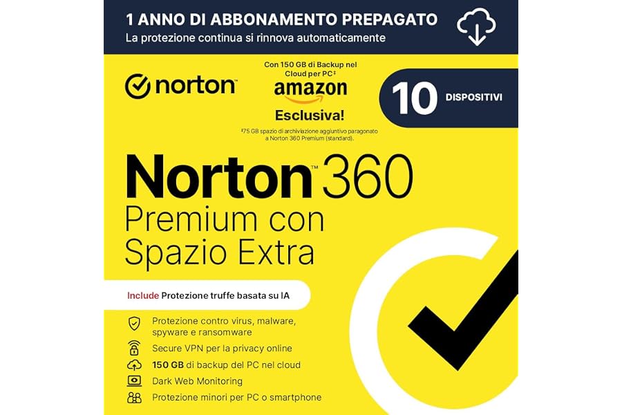 Norton 360 Premium| Extra Spazio Archiviazione|Esclusiva Amazon * 75 GB extra Cloud Backup| Antivirus 10 dispositivi |1 anno