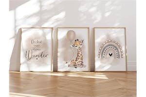 MeinBaby123® I Bilder Kinderzimmer | 3er Set DIN A4 Poster Set | Wandbilder | Kinderzimmer Poster | Deko Bilder Kinderzimmer Mädchen und Jungen | Wandposter Premium(Giraffe & Luftballon beige)