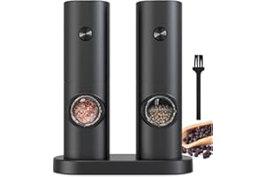 COKUNST Elektrische Salz und Pfeffermühlen Set, Batteriebetrieben Schwarze Pfeffermühle mit Basis, 5 Grobstufen Verstellbar, Automatisches Mahlen mit LED-Licht für BBQ Restaurant Küche