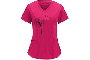 OUMSHBI Kasacks Damen Pflege Bunte Motive Löwenzahn Gedruckt Arbeitskleidung Pflege Damen Kurzarm V-Ausschnitt Schwesternkittel Kasack Bunt Mit Taschen Pflege Kittel Damen Kasack