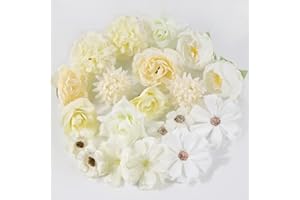 BOFUNX 20 Cabezas Flores Artificiales Mixtos Flores Falsas Decorativas Blanca de Tela Decoración para DIY Manualidades de Boda Corona Nupcial Pared Fiesta Hogar