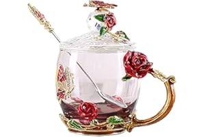 saijer Esmaltes Taza de Té Mariposa Flor, Cuchara y Tapa Taza de té Vidrio Transparente Taza de Café Se Puede Utilizar para Preparar Bebidas de té o Café (Rojo)