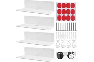 KOMINZZ 4 Pack Acrylic Floating Shelves White Floating Wall Shelves No Drill Display Shelf Versatile Self Adhesive Small Shelves for Wall Bedroom Living Room Bathroom Kitchen Office with Cable Clips
