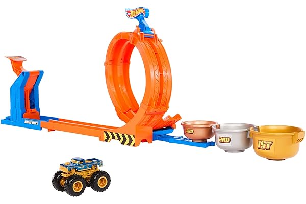 Hot Wheels Monster Trucks Défi du Trophée Tournez-et-Renversez Coffret avec véhicule Bigfoot 50ème anniversaire en métal à l’échelle 1/64, 2 façons de jouer, JBX64