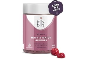 Jelly Pills® Biotina Gummies con Acido Folico e 7 Vitamine - senza zuccheri aggiunti - 60 Vegane Gummies al gusto di lampone per Riducono la caduta dei capelli - complesso pelle-capelli-unghie