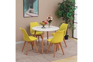 YULU Round Dining Table and Chairs Set 4, Mid Century Modern PU Padded Seat Lounge Chairs and 90cm White Kitchen Table with Solid Wood Legs (Yellow)