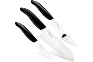 Kyocera Juego de 3 cuchillos, Cuchillo para pelar 7.5 cm, Cuchillo tomate 12.5 cm, Cuchillo Santoku 16 cm, hoja de cerámica de circonio afilada, afilada a mano, ligera, no corrosiva