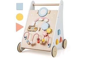 COSTWAY Wooden Baby Walker, 7 in 1 Toddler Push Along Toy with Activity Center, Mirror, Boys Girls Sit to Stand Learning Walkers for 1+ Year Old (White+Natural)