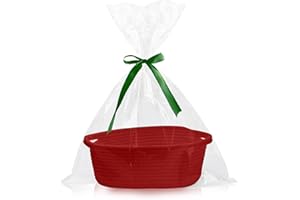 LELEWANGLUO Gift Basket Empty, Woven Cotton Rope Basket with Gift Bags and Ribbons, Hamper Baskets for Xmas Gifts Empty With Handles, Cat Dog Toy Storage Basket for Home Christmas Decorations(red)