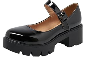 XIEWANG Women's Mary Janes Round Toe Chunky Platform Ladies Pumps Office Black Work Shoes
