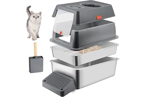 Bartuke Caja de Arena para Gatos de Acero Inoxidable con Tapa, Bandeja de Arena de Metal extraíble de Alta Cara Cerrada con Bandeja de tamizado, Cuchara, Antiadherente, fácil Limpieza (Gris)