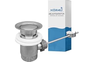 kör4u® Piletta di scarico con asta di trazione cromata, misura standard 1 ¼", scarico universale per lavabi e vasche | Maniglia di trazione | Valvola di scarico con tirante e tappo