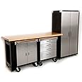 Seville Classics HD 4 Piece Standard Garage Storage System Timber Workbench and Steel Upright Cabinet