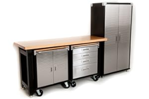 Seville Classics HD 4 Piece Standard Garage Storage System Timber Workbench and Steel Upright Cabinet