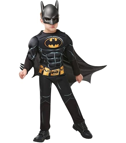 RUBIES - DC Official - Batman - Classic Costume for Children - Costume with Printed Jumpsuit, Belt, Boot Cover, Detachable Cape and PVC Mask Included