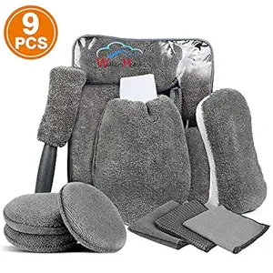 WolkomHome car cleaning accessories Polyester & Nylon Car Wash Cleaning Kit (Set Of 9, Grey) 9-piece Car Wash Cleaning Kit Portable Car Wash Set Polyester Nylon Vehicle Warp Towel Sponges Clean Gloves Auto Wash Rag