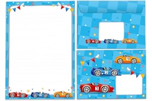 Junapack Bloc de papier à lettre avec enveloppe pour enfants Voiture de course pour garçons (bloc A5 de 25 feuilles + 15 enveloppes)