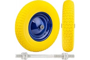 KNM TRADE Ruota Carriola Piena in PU Antiforatura - Portata 100 kg - Cerchio in Metallo 390 mm - Doppio Cuscinetto a Sfere - Con Asse - Giallo Blu