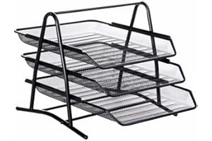 HOLLYLIFE Wire Mesh Letter Tray 3 Tier Filing Trays Holder Office Desktop Document A4 Paper File Storage Desk Organiser Mesh Filling Home Office School Scratch-resistant Stacking Supports Black