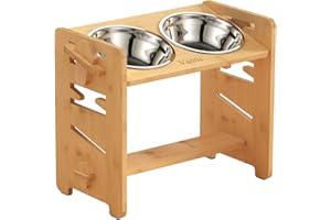 Vantic Hundenapf erhöht mit Ständer, einstellbare Futternapf Hund Erhöht für Großen Hunde, haltbar Futterstation Bambus Hund mit 2 Edelstahlnäpfen und Rutschfesten Füßen