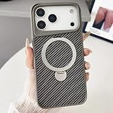 Coverzone iPhone 17 Pro Max ile uyumlu Kılıf Karbon Fiber G&ouml;r&uuml;n&uuml;ml&uuml; Magsafe ile uyumlu Stand olabilen Carbon Case Tam G&ouml;vde K