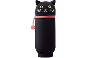 LIHIT LAB Kawaii Duży stojący piórnik z japońskim kotem do szkoły, biura, na uczelnię, urocze przybory szkolne, uchwyt na długopisy ze zwierzętami, piórnik dla dziewcząt, artystyczny piórnik, czarny