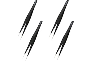 AOJE LINK-ELECTRIC Aoje-Link ESD-12 Professional Anti-Static Technology Tweezers, Non-Magnetic Fine Tip Straight, Stainless Steel Plastic Coated, Full Length 135mm, Black, 4pcs
