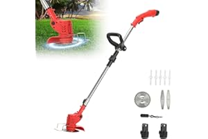 CUSROS Cordless Battery Grass Strimmer/Edger, 450W Lightweight Garden String Strimmer, Electric Telescopic Bush|Grass Cutter, Lawn Edger with 2pcs 2Ah Batteries, Ajustable Cutter Head