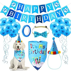 Dog Birthday Bandana Hat Set Dog Birthday Hat Dog Birthday Bandana Scarf Shining Dog Bow Tie Collar Dog Happy Birthday Banner and 10 Piece 12 Inch Paw Print Balloon with Tape for Dog Pet (Blue)