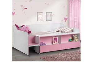 HAPPYBEDS Kids Low Sleeper Bed, Happy Beds Stella Pink Wood Modern Storage Drawer Cabin Bed - 3ft Single (90 x 190 cm) with Memory Foam Mattress Included