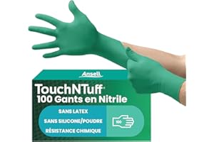 Ansell TouchNTuff 92-600, Gants jetables pour travaux lourds, Gants nitrile contact alimentaire, Gants de protection chimique et mécanique, Sans latex, Boîte de 100 gants en nitrile verts, Taille L