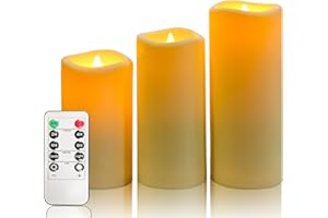 YIWER Waterproof Led Flameless Candles - Outdoor Indoor Battery Operated Flickering Candle with Remote Timers, Won't Melt Ivory Plastic Set of 3 D2.2 x H5 6" 7" for Christmas Party Garden Decoration