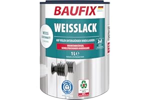 BAUFIX PEINTURE BLANCHE 2en1 - Satinée mate - 1 litre - Laque acrylique - Intérieur & extérieur - Bois, béton, crépi, zinc, maçonnerie, gouttières, plinthes, boiseries, plaques d'éternit etc.