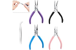 DEWFIGS ㅤ 4 Pezzi Pinze per Creazione Gioielli, Pinze per Bigiotteria Inclusi Pinze a Naso Rotondo, Pinze a Naso a Catena Tagliafili e Pinze a Becco Piegato e Pinzette per Riparazione e Creazione di Bigiotteria