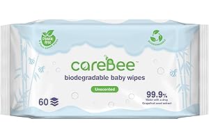 CareBee 99.9% Water Baby Wipes | Biodegradable, Plant-Based & Plastic-Free | Hypoallergenic, Unscented, Extra Gentle for Sensitive Newborn Skin | 60 wipes per Pack (1 count (Pack of 1))
